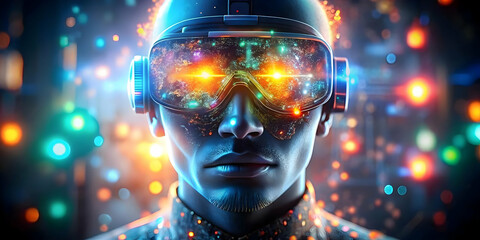 Close Up Employee Face Illuminated VR Visuals Macro Image Colorful Headset Office Immersive Experience Virtual Reality Workspaces Ample Copy Space Photo Stock Concept