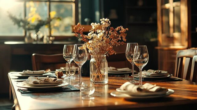 A rustic table setting with dried flowers in a glass vase, wine glasses, and place settings in a warm, sunlit room
