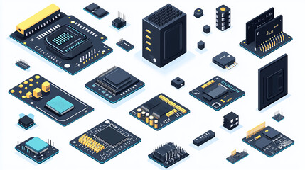 Set abstract AI chip hologram on circuit board tech. Artificial Intelligence isometric 3D logo with neon growing light lines. Vector illustration. CPU processor or semiconductor design.