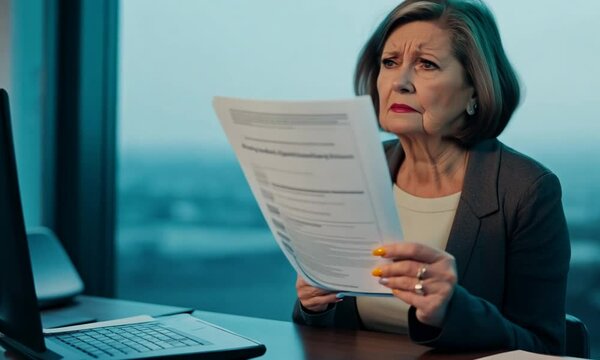 Senior wpman is reviewing documents at her desk with a confused and concerned expression