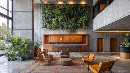 Entrance lobby with concrete walls, wooden accents, and a green wall for a nature-inspired look.
