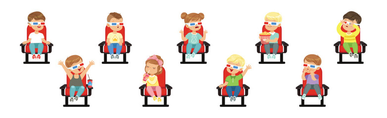 Cute Kids Character Watching Movie Sit on Chair in 3D Glasses Vector Set