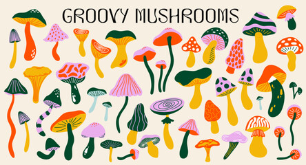 Set of various mushrooms in retro cartoon groovy funky 70s hippie style. Different types of fungi vector illustration elements for design. Psychedelic abstract colored shrooms stickers big collection © WeirdyTales