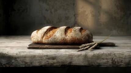 A rustic loaf of bread sits on a wooden surface, accompanied by a sprig of wheat, bathed in soft natural light.