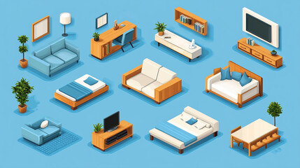 Obraz premium Vector isometric home rooms set. Rooms cross sections. Bedroom, living room, kitchen, home office, dining room. Furniture and decoration. Modern and classic interior flat designs.