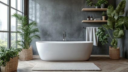 A bathroom with a white bathtub and a large window