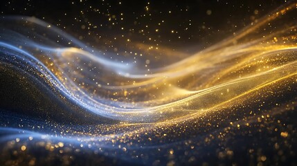 A dynamic composition of glowing, swirling light trails intertwined with particles of golden light, forming an abstract yet cohesive pattern on a black canvas