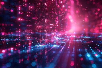 Fototapeta premium Vibrant Digital Landscape with Neon Lights and Data Streams