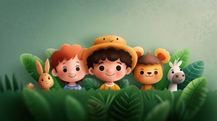 Fototapeta premium A vibrant illustration of two children in playful hats, surrounded by cute animal friends in a lush, green jungle setting.