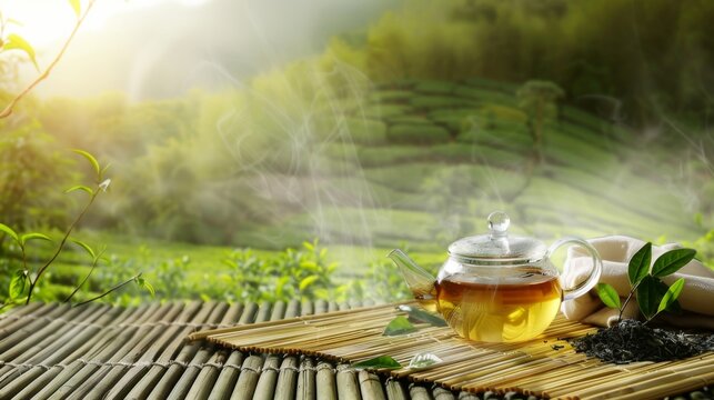 Teapot with a lid on a table with a green background