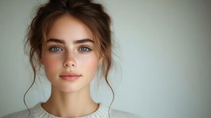 portrait of a lovely young woman with striking features isolated against a clean white background highlighting her beauty and expressions in a minimalist style