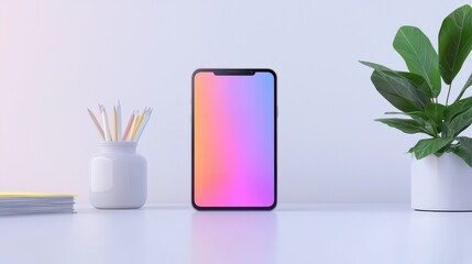 Android phone mockup with a colorful screen in a bright workspace, perfect for tech presentations.
