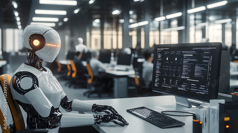 Wall mural artificial intelligence robots working at computer in a modern office, data center. people and artif