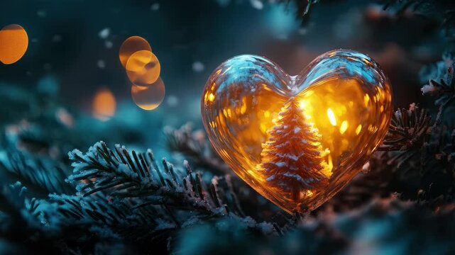 Heart-shaped christmas ornament encasing a brightly lit christmas tree hangs on a snow-covered branch in the night. Festive, warm-colored lights twinkle in the background. Valentine's day concept.
