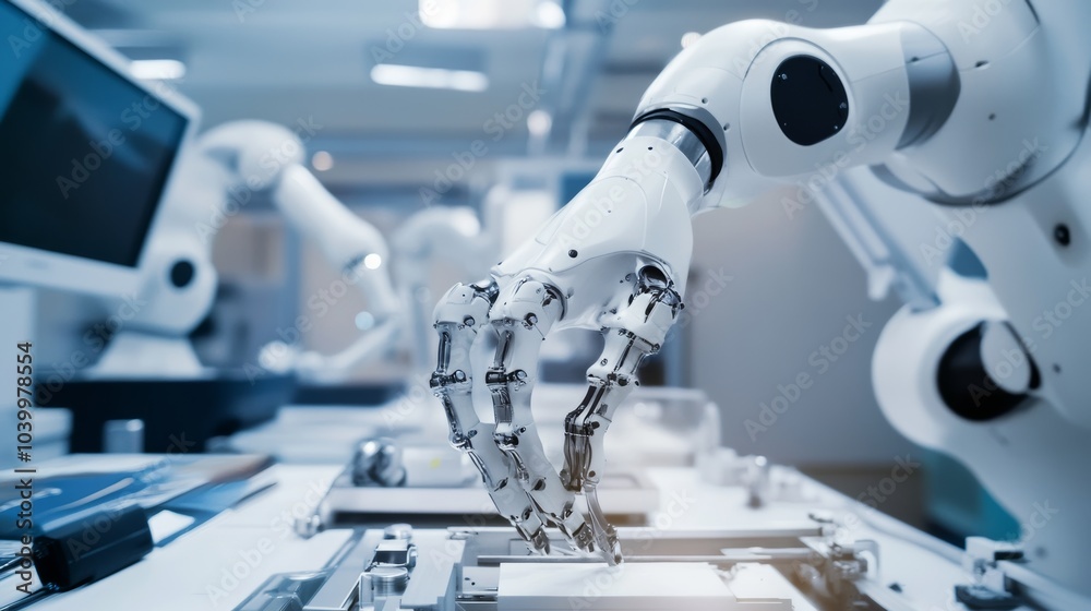 Fototapete A robot assembling custom prosthetics in a futuristic biomedical workshop with advanced tools, clean and precise environment, Biomedical-tech style
