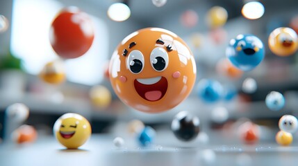 Fototapeta premium Glossy colorful emoji icons and visual symbols floating in a futuristic minimalist digital design 3D with a sleek transparent and modern aesthetic