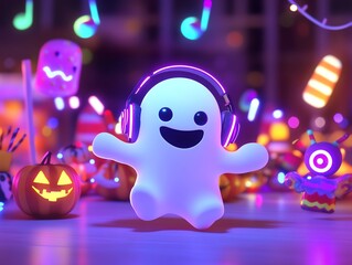 A cute ghost with neon headphones dancing with animated Halloween candy characters, glowing neon audio icons in the background, fun and festive scene