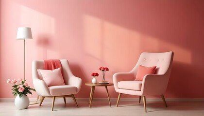 A modern living room with pink walls , two pink armchairs , a round wooden coffee table , and a vase of red flowers on the table.