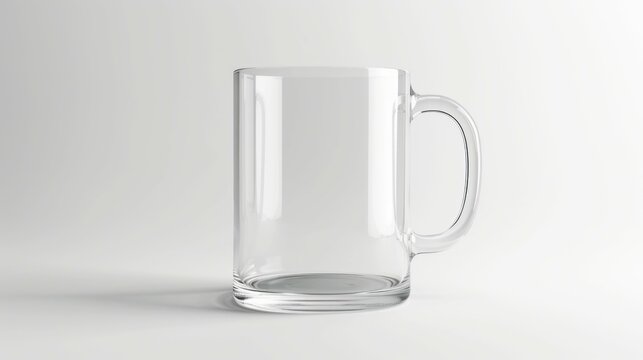 Empty glass mug. A clear glass mug with a handle, isolated on a white background. Perfect for showcasing your designs or beverages.