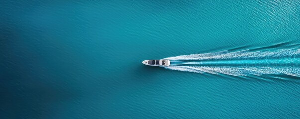 Aerial view of a boat creating waves in turquoise water.