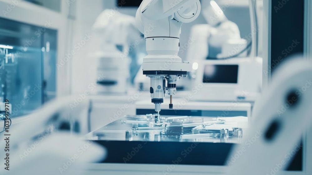 Poster A robot assembling high-precision medical robots in a clean and advanced medical robotics lab, clean and detailed environment, Medical-robotics style