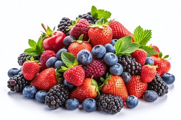 Obraz premium Fresh Berry Fruits Pile on White Background - Vibrant and Colorful Selection of Strawberries, Blueberries, Raspberries,