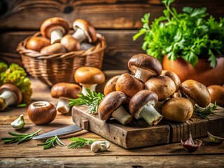 Fresh Brown Mushrooms on a Rustic Table - Natural Ingredients for Cooking and Culinary Arts