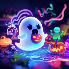 Naklejka premium A neonlit cute ghost eating a spooky Halloween candy apple, surrounded by glowing food characters and neon audio waves, fun and colorful