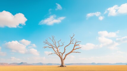 A solitary, leafless tree stands against a bright blue sky in a vast desert landscape during daylight hours.