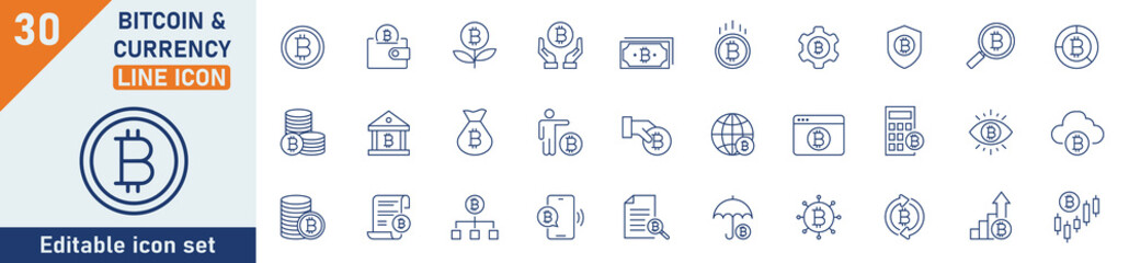 Bitcoin and Cryptocurrency line icon set. Set of 30 outline icons related to bitcoin, currency, digital currency, mining, electronic money, payment system and others. Vector illustration.