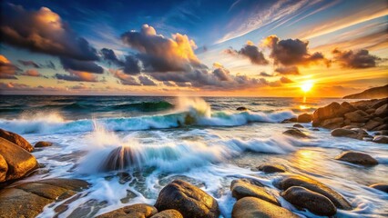 Coastal sunrise with crashing waves