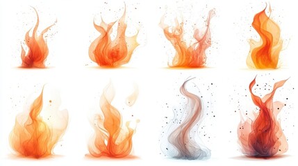 realistic fire flames collection isolated on a white background showcasing dynamic movement and vibrant colors ideal for design projects requiring energy and intensity