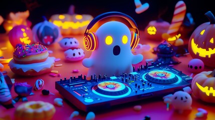 Cute ghost DJ with glowing neon headphones, surrounded by Halloween food characters like spooky donuts and candy corn, neon audio waves illuminating the scene, festive and playful