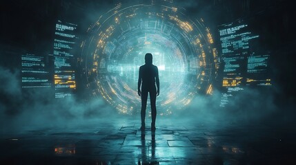 Fototapeta premium Digital rendering of personalized health data showing holographic body metrics graphs around a silhouette symbolizing datadriven biooptimization