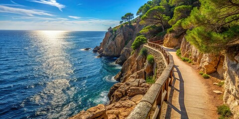 Obraz premium Coastal walkway path along cliff in Costa Brava Catalonia, long shot