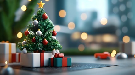 Festive Pixel Art Christmas Tree with Retro 8 bit Ornaments and Lights 3D Vintage holiday decor nostalgic gaming minimalist digital art