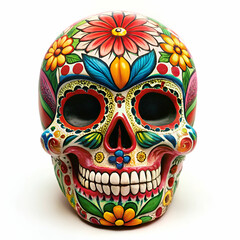 A colorful skull with flowers on it sits on a white surface