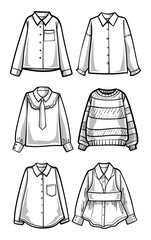 A stylish line drawing of various shirts and ties, showcasing fashion in a minimalist black and white vector design