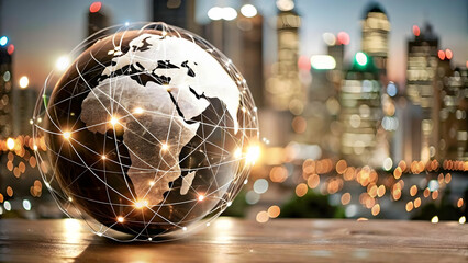 Glowing Globe Cityscape Network Lines Bokeh Background Smart Cities Global Connectivity Photo Stock Concept