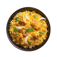 A bowl of biryani with chicken pieces on a transparent background