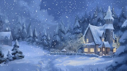 Christmas Architecture Winter Landscape Illustration - a charming and picturesque scene. The illustration captures the beauty of winter architecture adorned for the holidays.