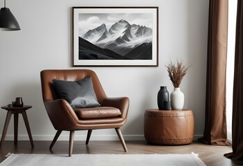 A black and white landscape photograph of snow-capped mountains in the distance, framed and hanging on a wall above a brown leather armchair and a wooden side table with decorative elements.