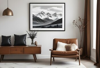 A black and white landscape photograph of snow-capped mountains in the distance, framed and hanging on a wall above a brown leather armchair and a wooden side table with decorative elements.