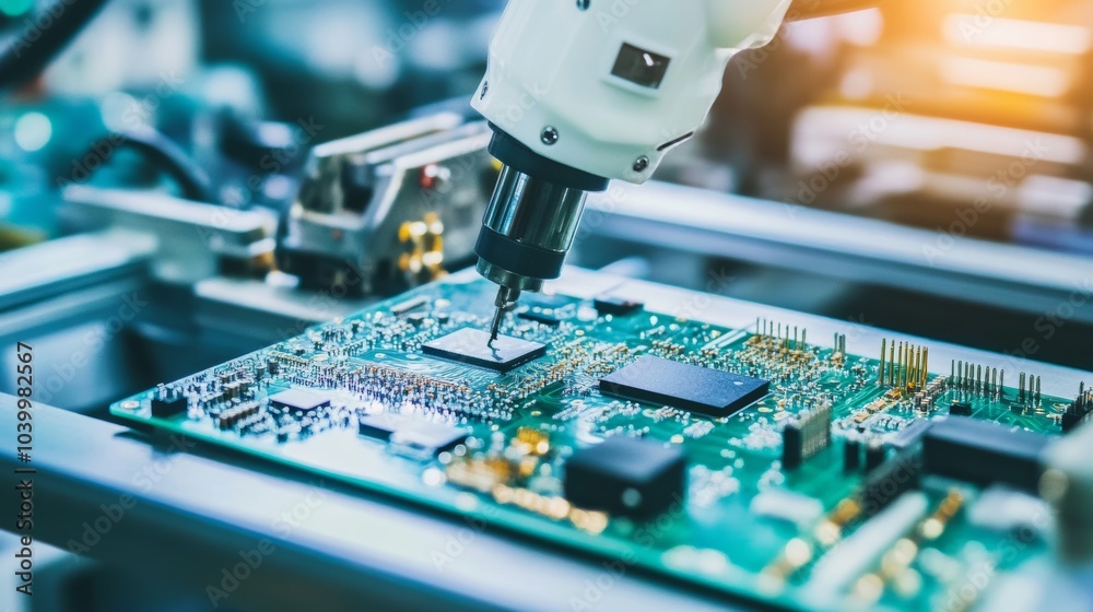 Poster A robot assembling intricate circuit boards in a clean, modern electronics lab with organized workstations and advanced soldering equipment, Circuit board assembly tech style