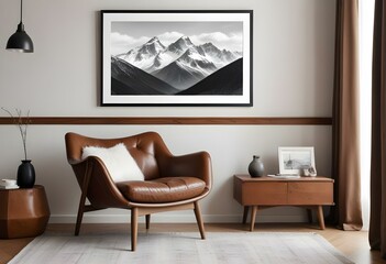 A black and white landscape photograph of snow-capped mountains in the distance, framed and hanging on a wall above a brown leather armchair and a wooden side table with decorative elements.