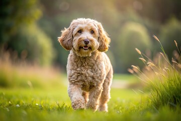 Fototapeta premium Cockapoo dog walking in green field macro