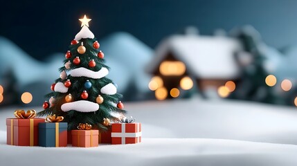 Nostalgic Pixel Art Christmas Tree with 8 Bit Gifts and Snowy Scene   A charming and digitally rendered holiday featuring a classic Christmas tree festive gifts and a cozy winter landscape in a retro