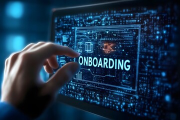 A hand interacts with a futuristic digital screen displaying the word "ONBOARDING." Represents technology, innovation, and modern digital processes in business environments.