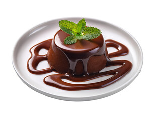 Rich and decadent chocolate lava cake featuring a mint garnish on a white background