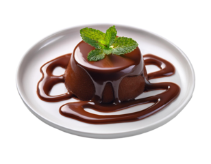 Rich and decadent chocolate lava cake featuring a mint garnish on a white background